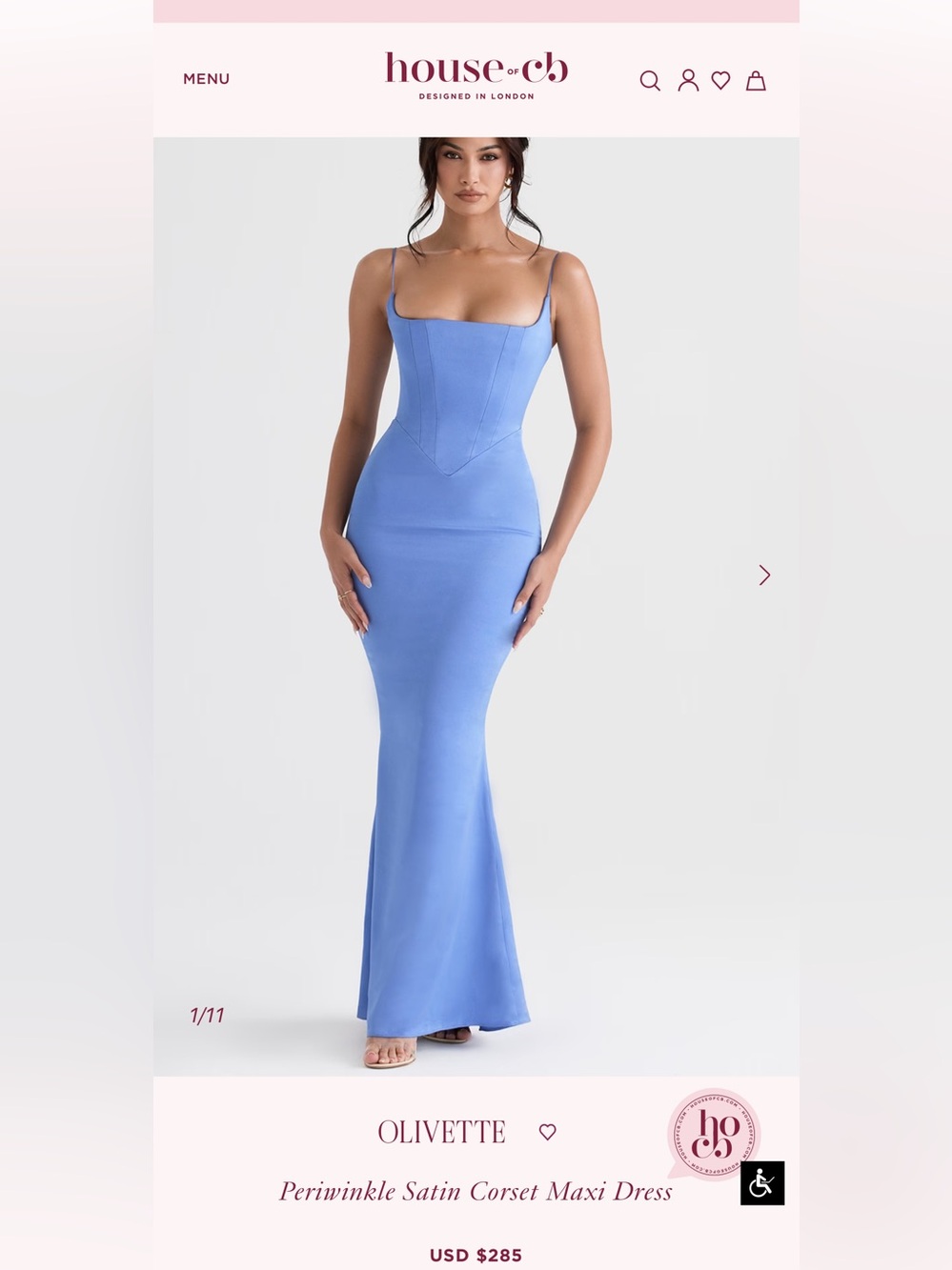 House of CB Periwinkle Satin Corset Maxi Dress Size Small